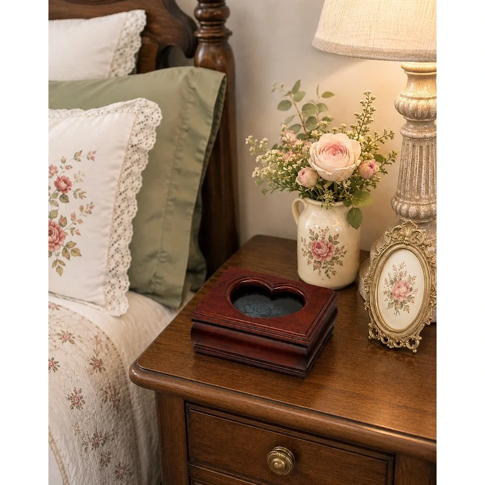 Vintage Style Cherry Wood Jewelry Box Heart Etched Rose Glass Lid Green Velvet